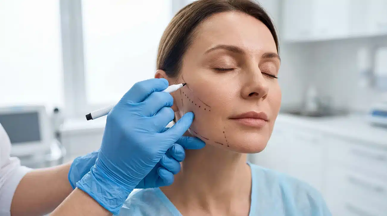 Mini Facelift Vs. S-Lift: What'S The Difference? 1 Plastic surgeon drawing surgical guidelines on a woman's jawline during a pre-op consultation.