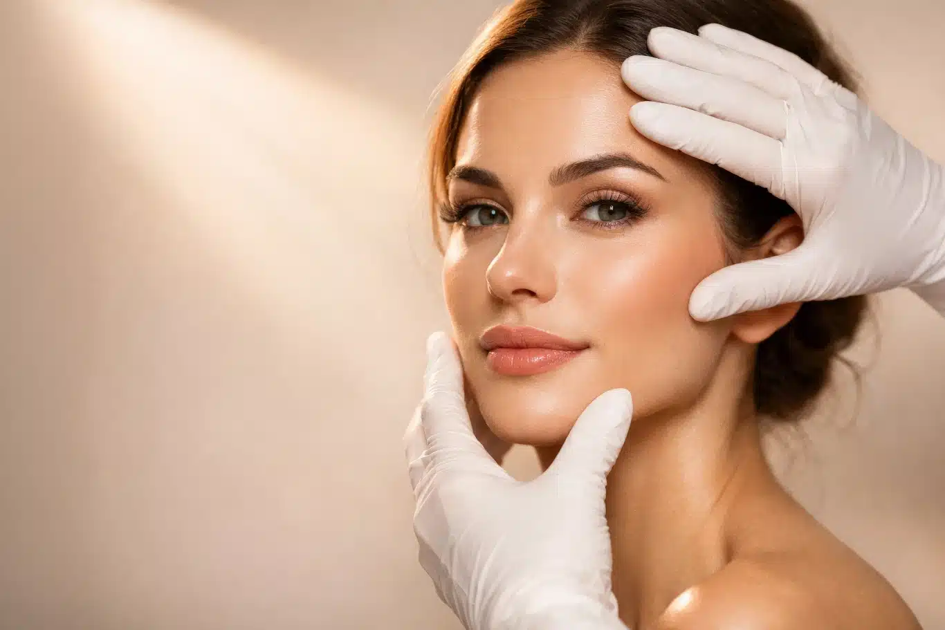 Close up beauty portrait during cosmetic facial examination gloved hands framing face in clinic skincare and aesthetics concept